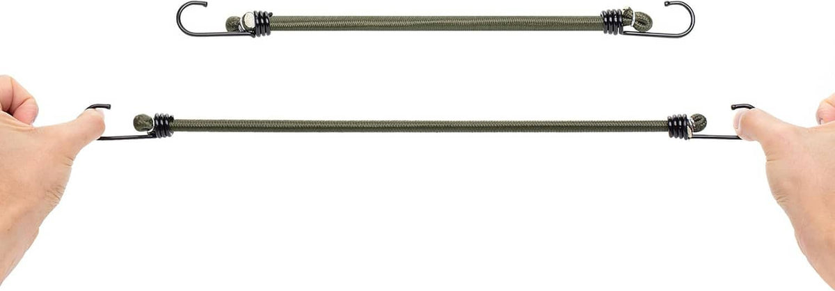 Two olive green bungee cords held apart with metal hooks and black coils