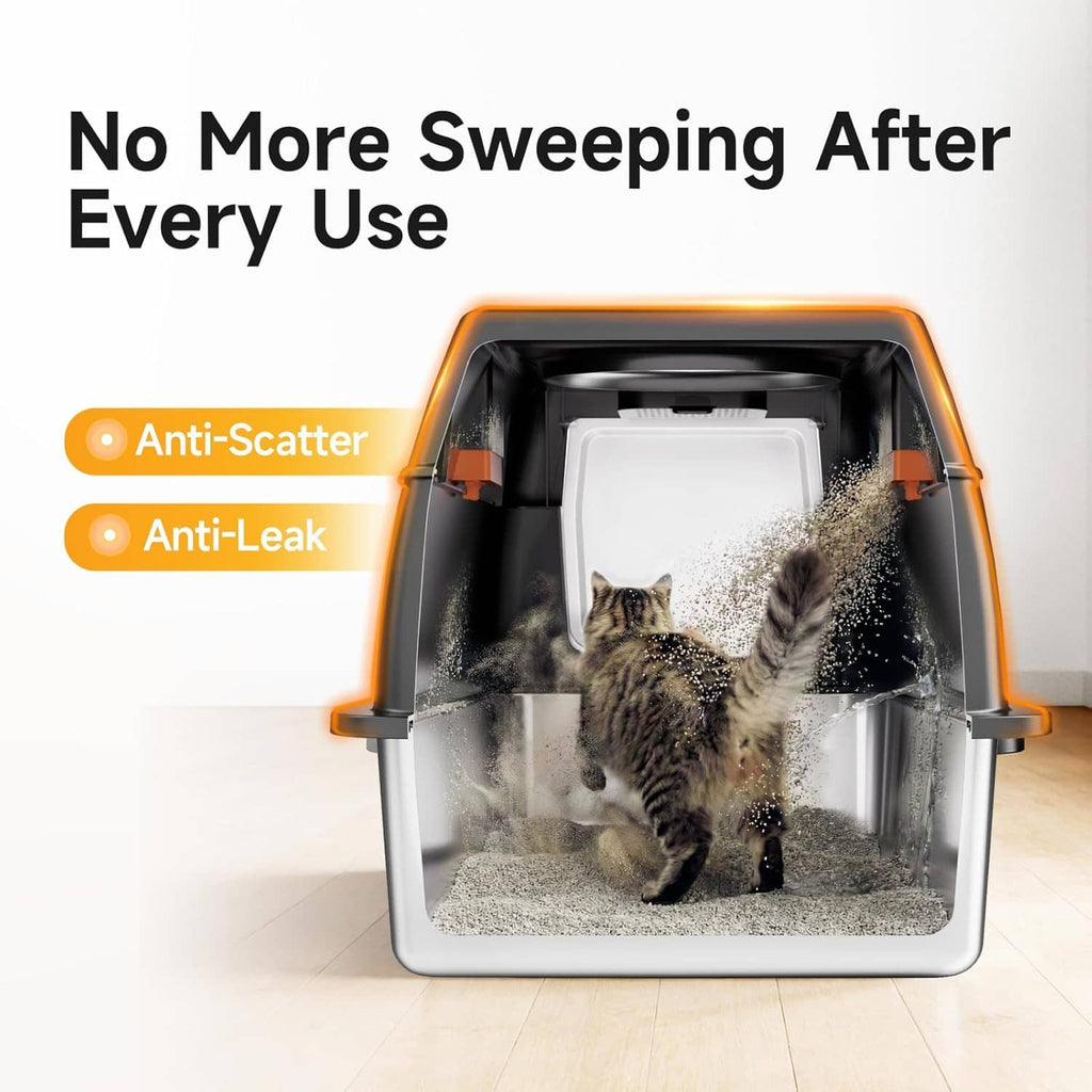 Enclosed cat litter box with lid and open front, showing a cat inside on litter