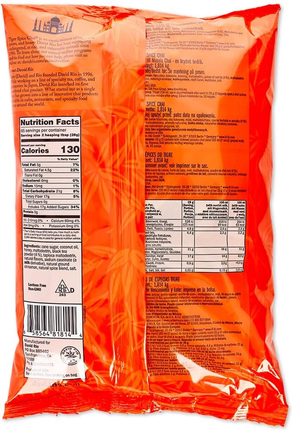 Orange chai pouch back panel with nutrition facts, ingredients, and serving information
