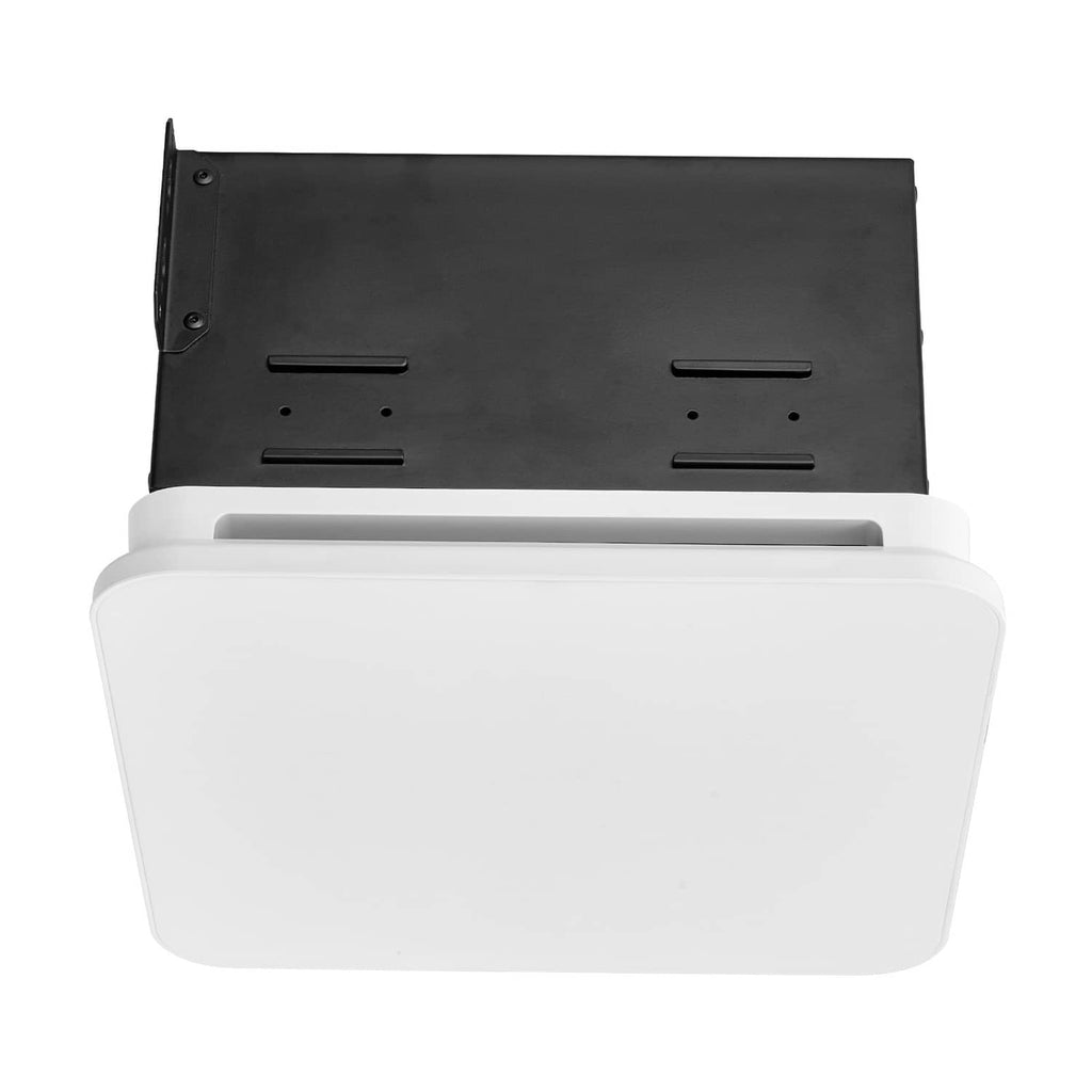 Ceiling ventilation fan housing with LED panel, black mounting plate and white cover