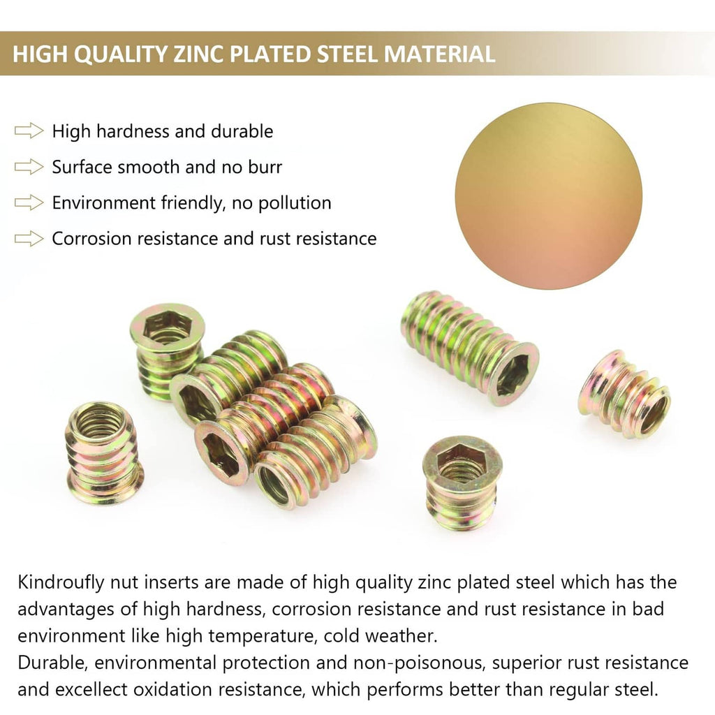 Gold zinc-plated steel threaded nut inserts with hex openings, scattered on white
