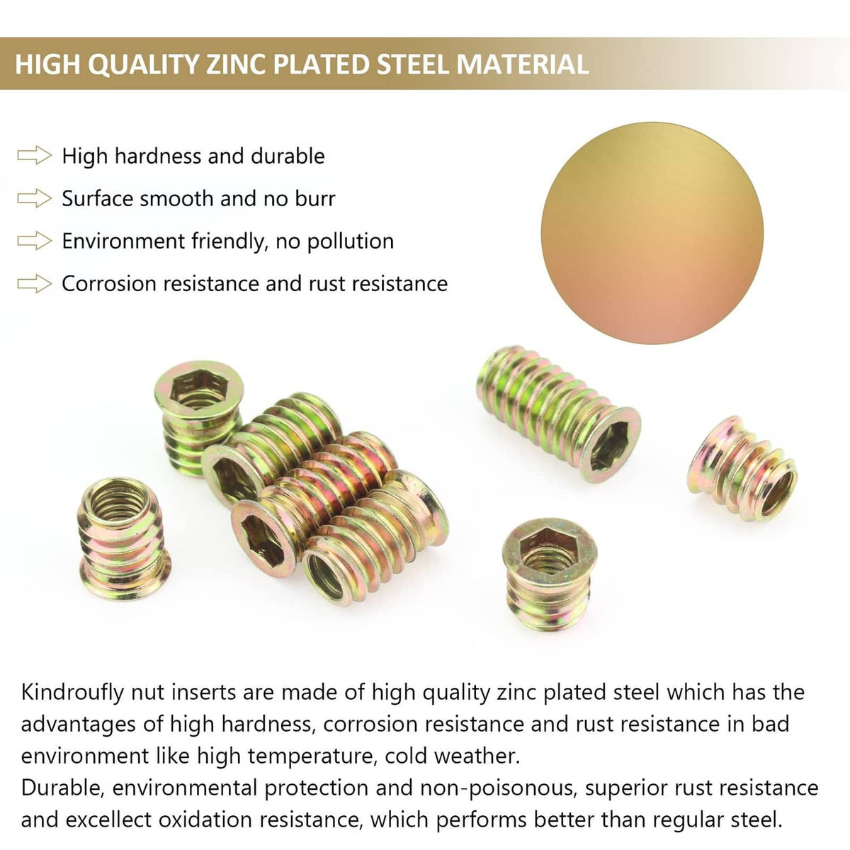 Gold zinc-plated steel threaded nut inserts with hex openings, scattered on white