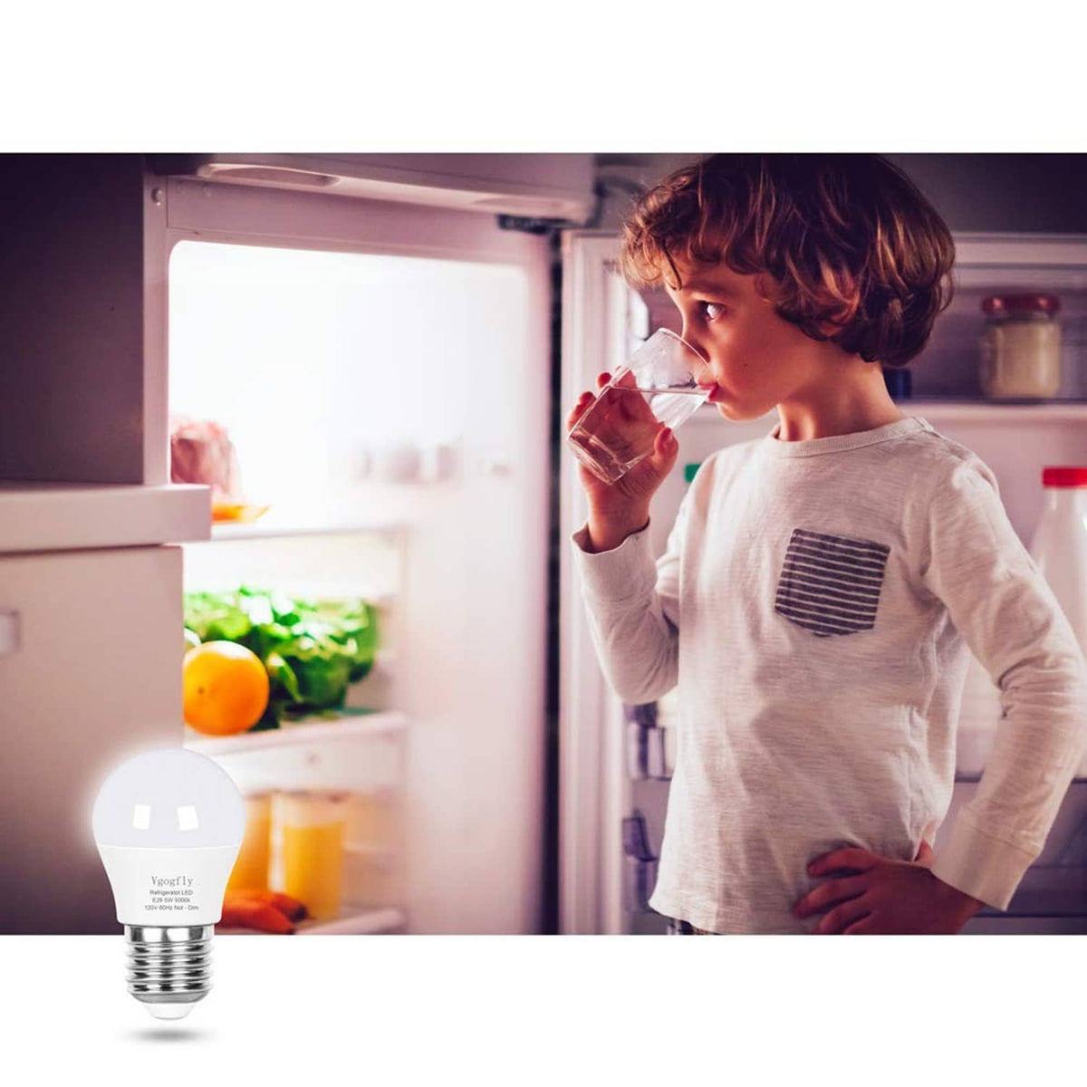 LED refrigerator light bulb with child by open fridge, warm bulb shown