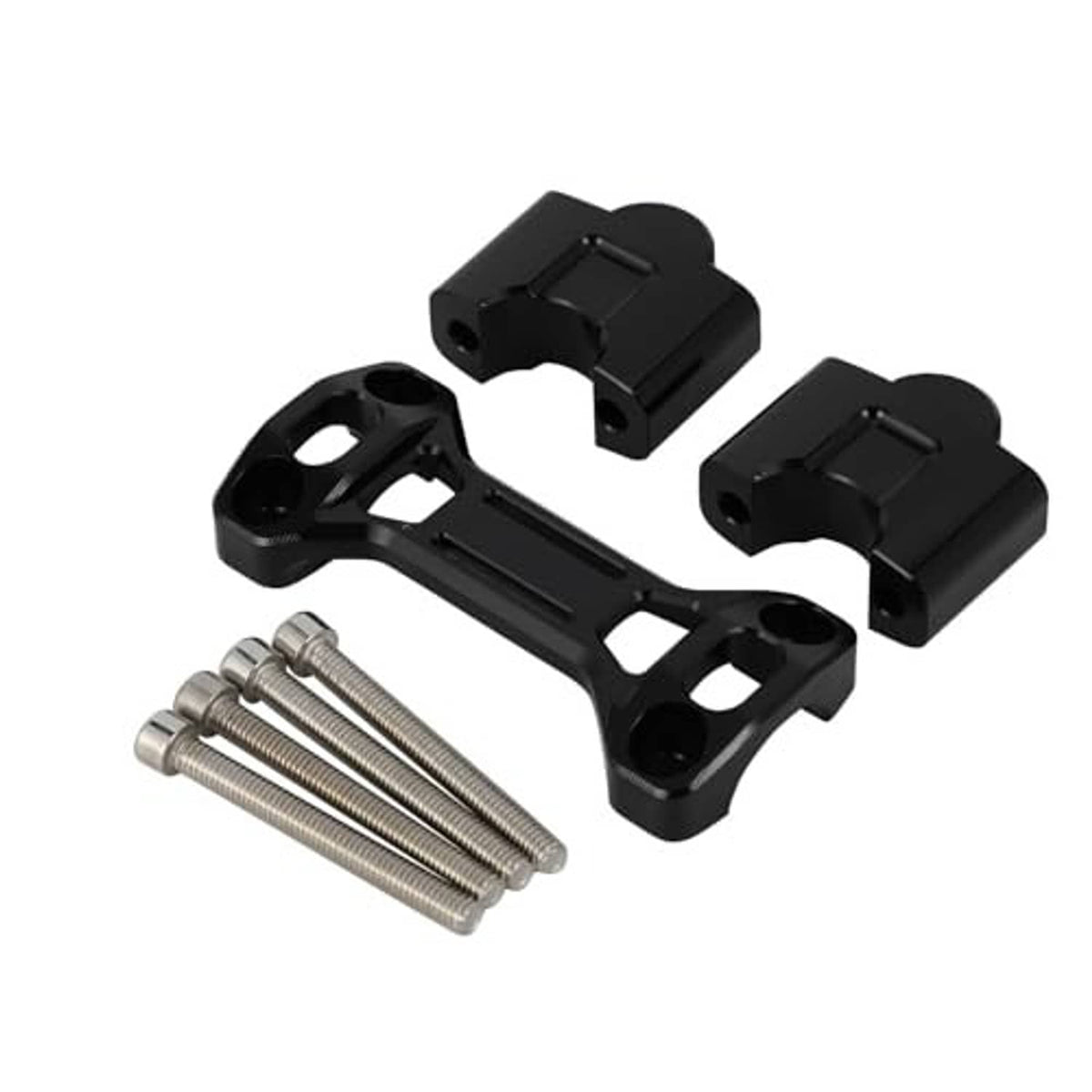 Black motorcycle handlebar riser bracket kit with bolts and two clamp blocks