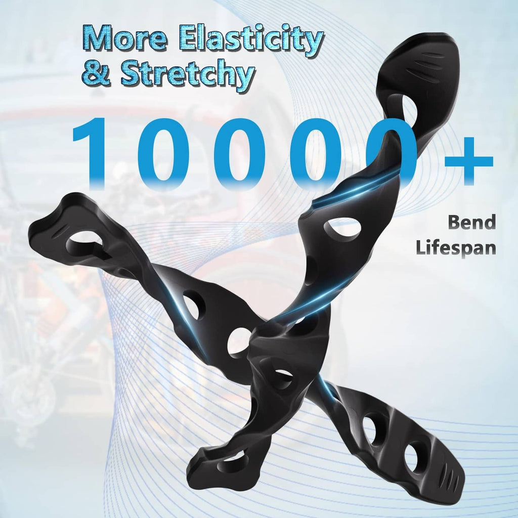 Black elastic bike rack strap with molded holes, stretched for more elasticity