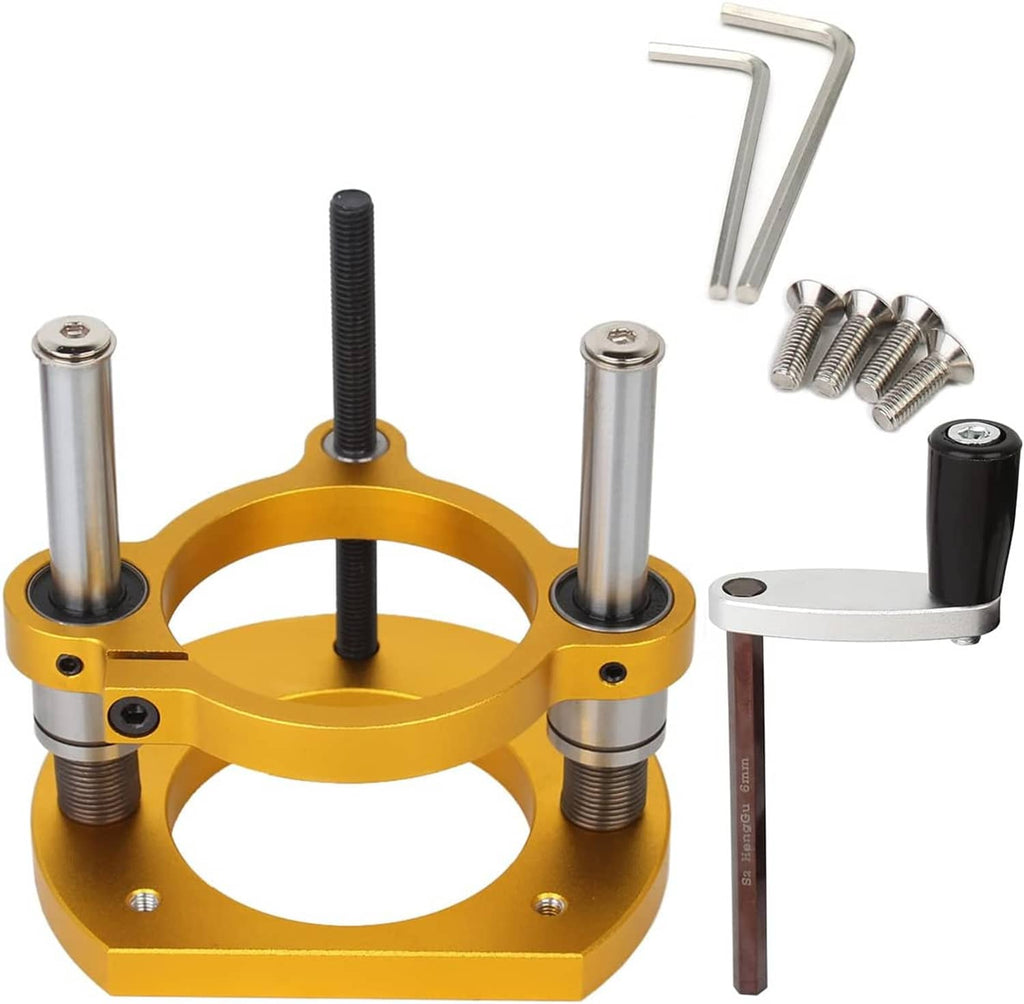 Adjustable router lift, gold aluminum base with threaded posts and mounting hardware