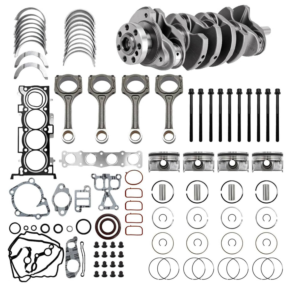 Engine crankshaft connecting rod kit with bearings, gaskets, bolts and piston rings