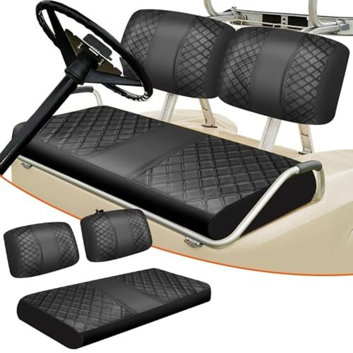 Black diamond-quilted golf cart front seat cover set with matching headrest pieces