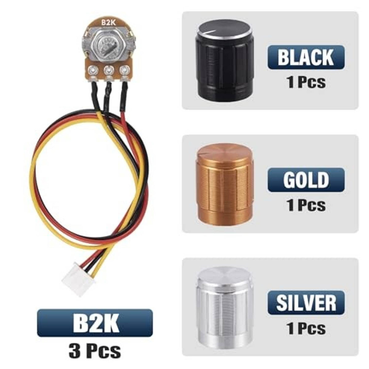 Rotary potentiometer knobs in black, gold, and silver colors with 3-pin terminals