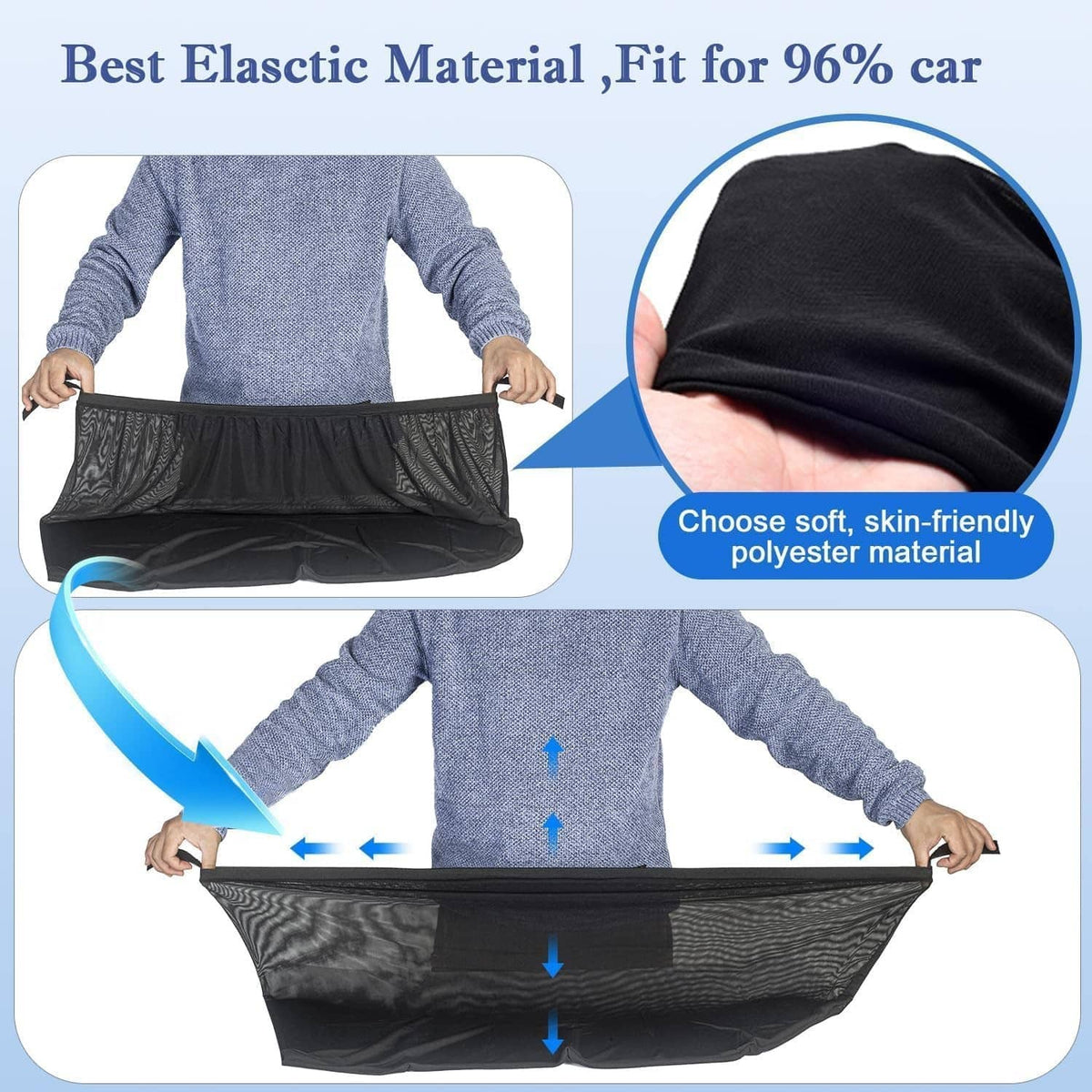 Black elastic fabric car side window shade, close-up of folded edge