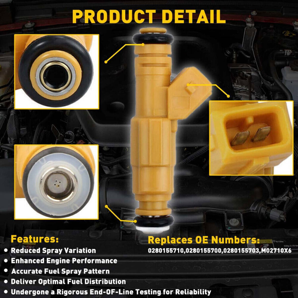 Fuel injector with close-up views of black seal ring and connector nozzle
