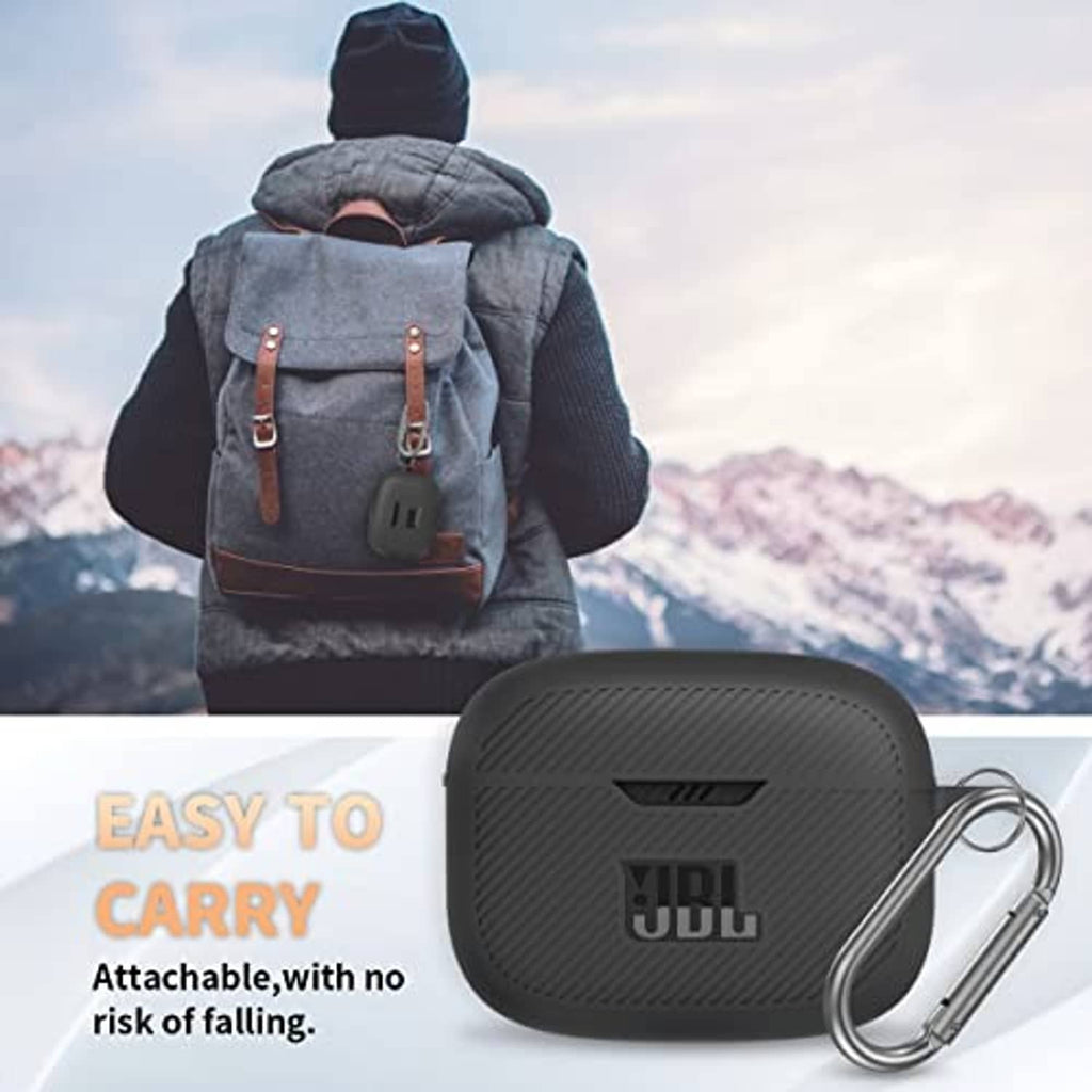 Black silicone earbud case cover with JBL logo and carabiner for easy carry