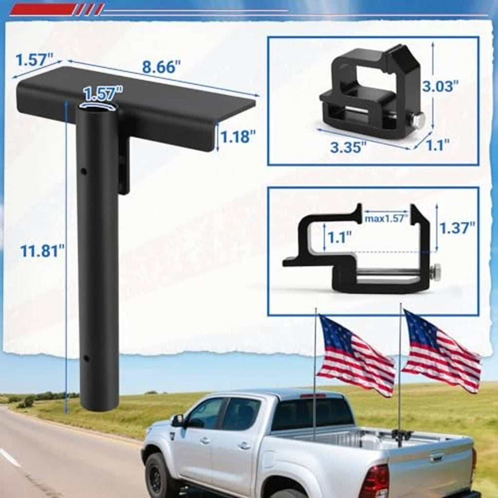 Black truck bed flag pole mount with size measurements for mounting position