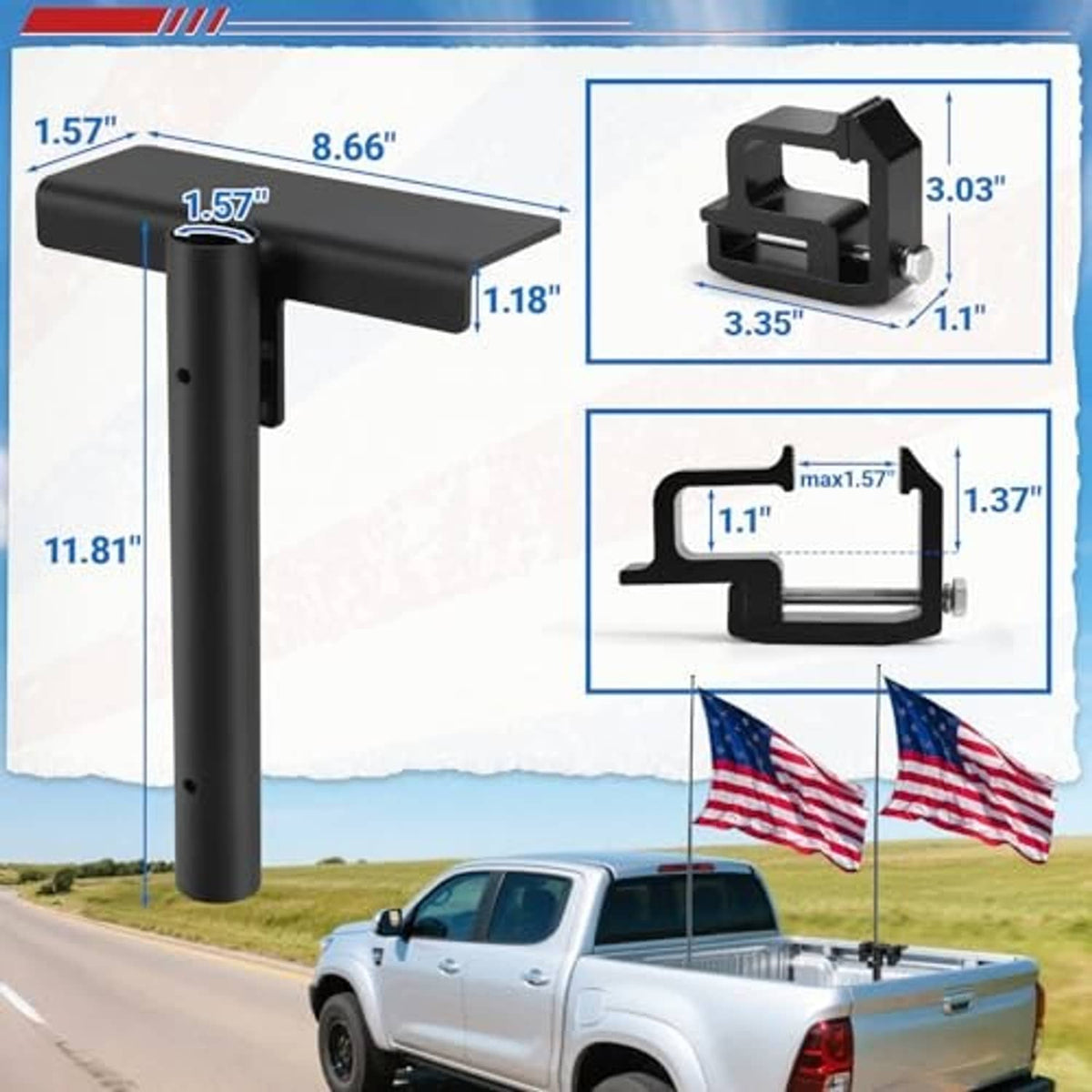 Black truck bed flag pole mount with size measurements for mounting position