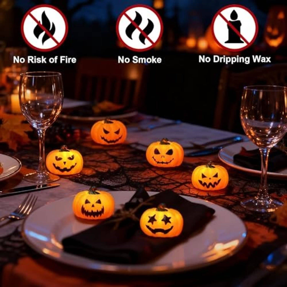 Halloween pumpkin tea lights shaped like jack-o’-lanterns with battery-safe glow