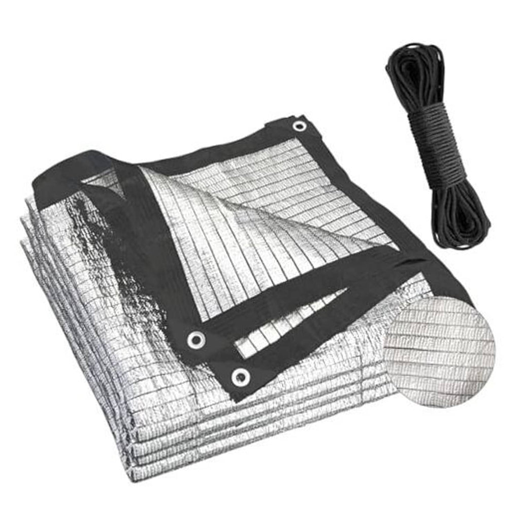 Silver mesh shade cloth tarp with black trim, grommets, and bundled tie cords