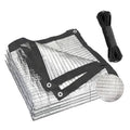 Silver mesh shade cloth tarp with black trim, grommets, and bundled tie cords