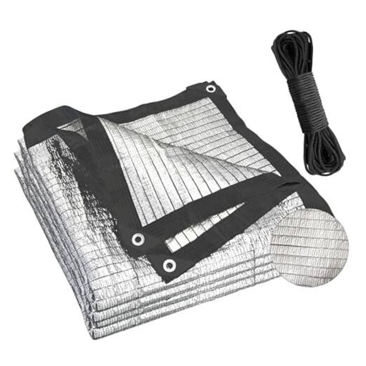 Silver mesh shade cloth tarp with black trim, grommets, and bundled tie cords
