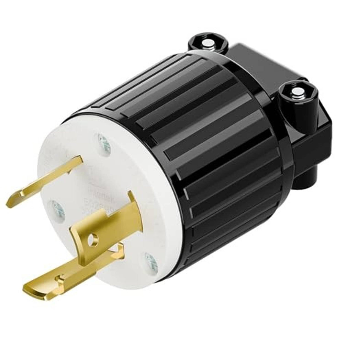 Black industrial AC power plug with white faceplate and gold L-shaped prongs