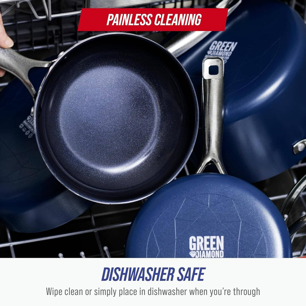 Set of blue nonstick frying pans with front close-up and long stainless handle