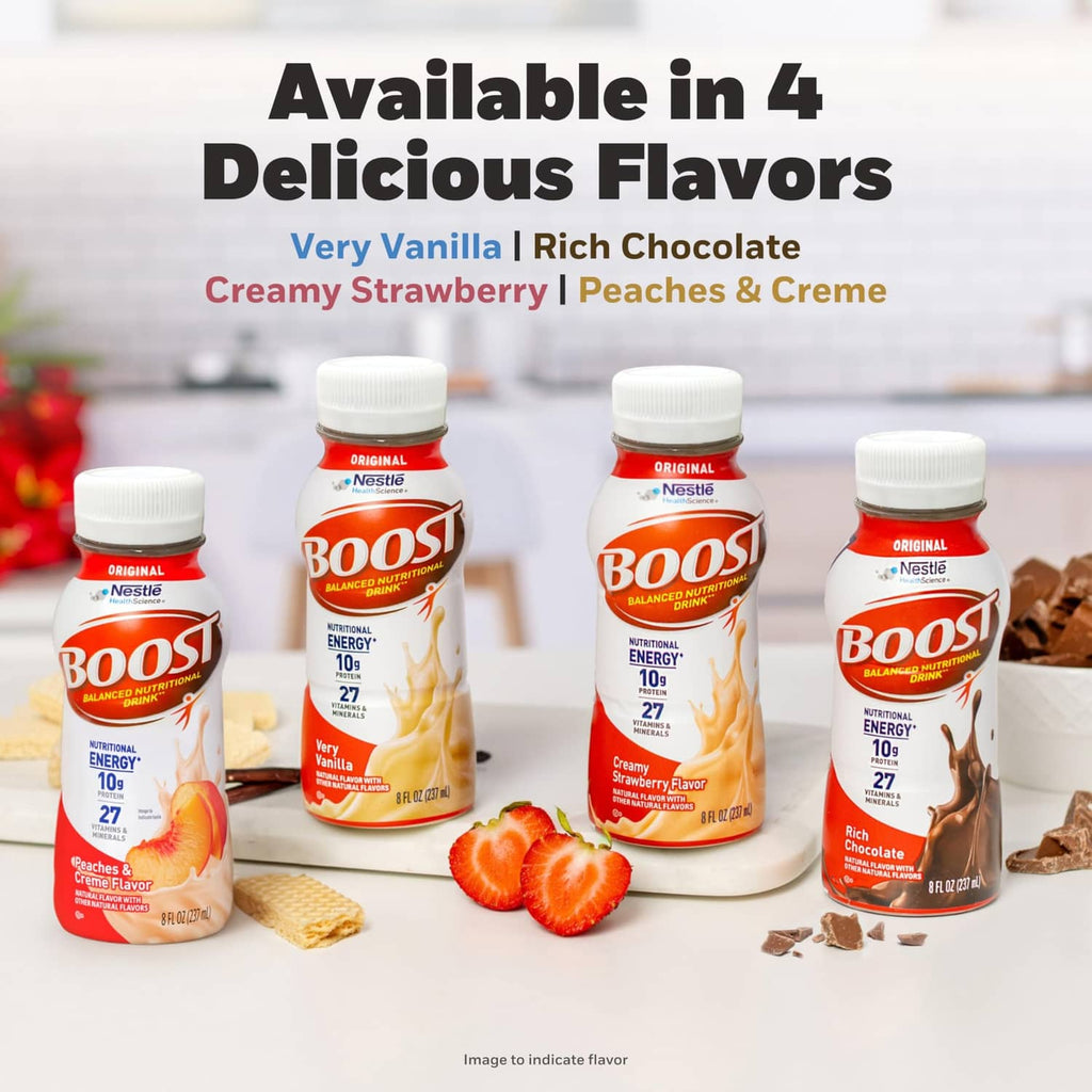 4 nutritional drink bottles: vanilla, chocolate, strawberry, peaches & creme