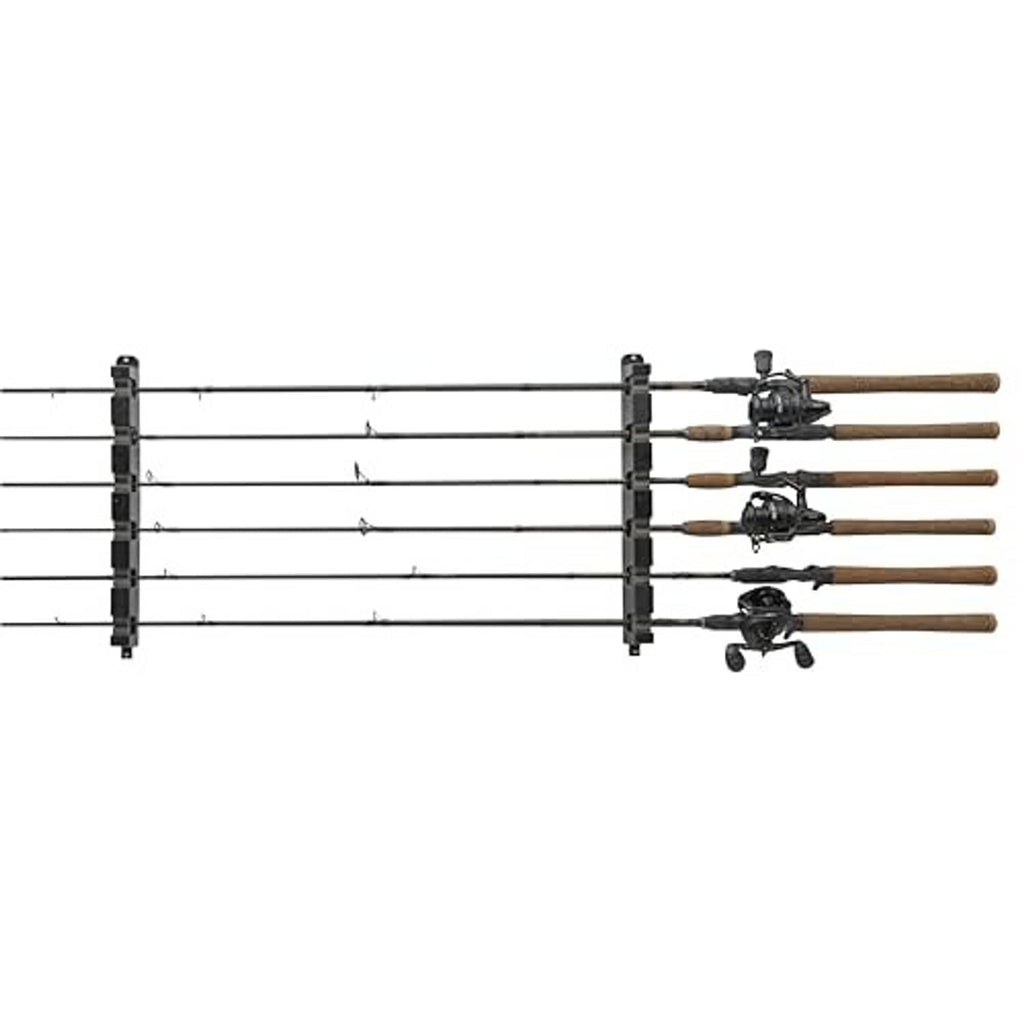 Horizontal fishing rod rack holding multiple rods with reels and cork handles