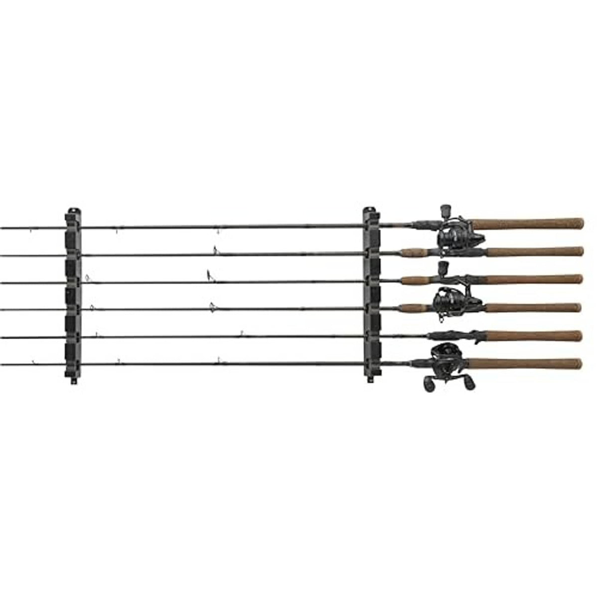 Horizontal fishing rod rack holding multiple rods with reels and cork handles