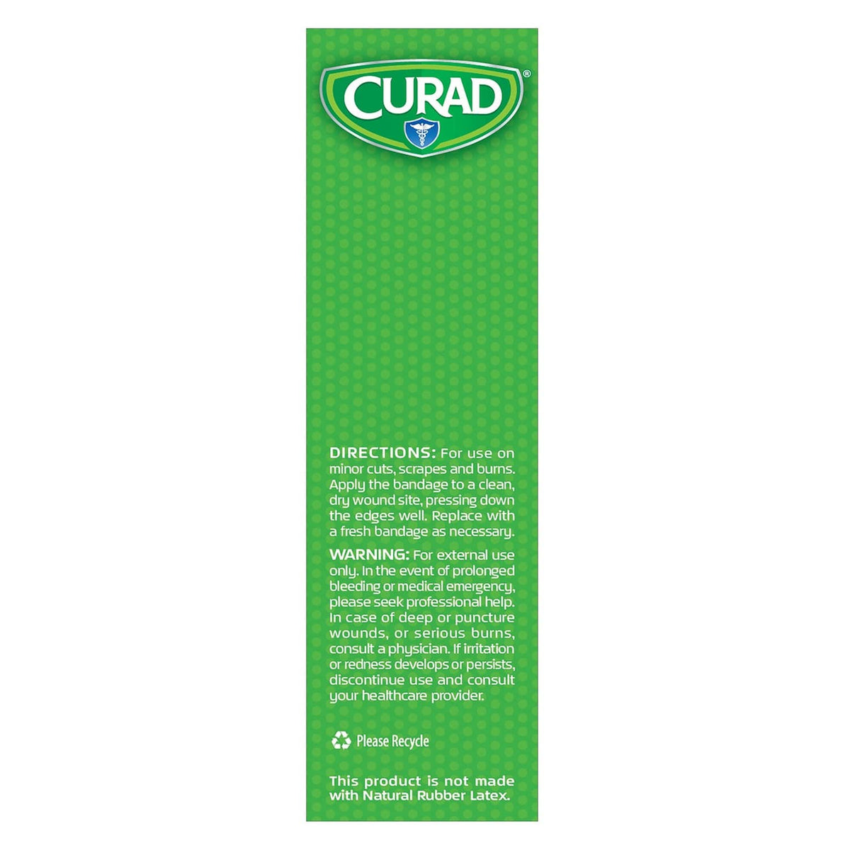 Curad QuickStop flex-fabric bandage box, directions and warnings panel