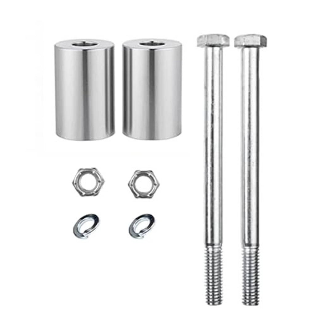 Two chrome riser spacer cylinders with long threaded bolts and hex nuts