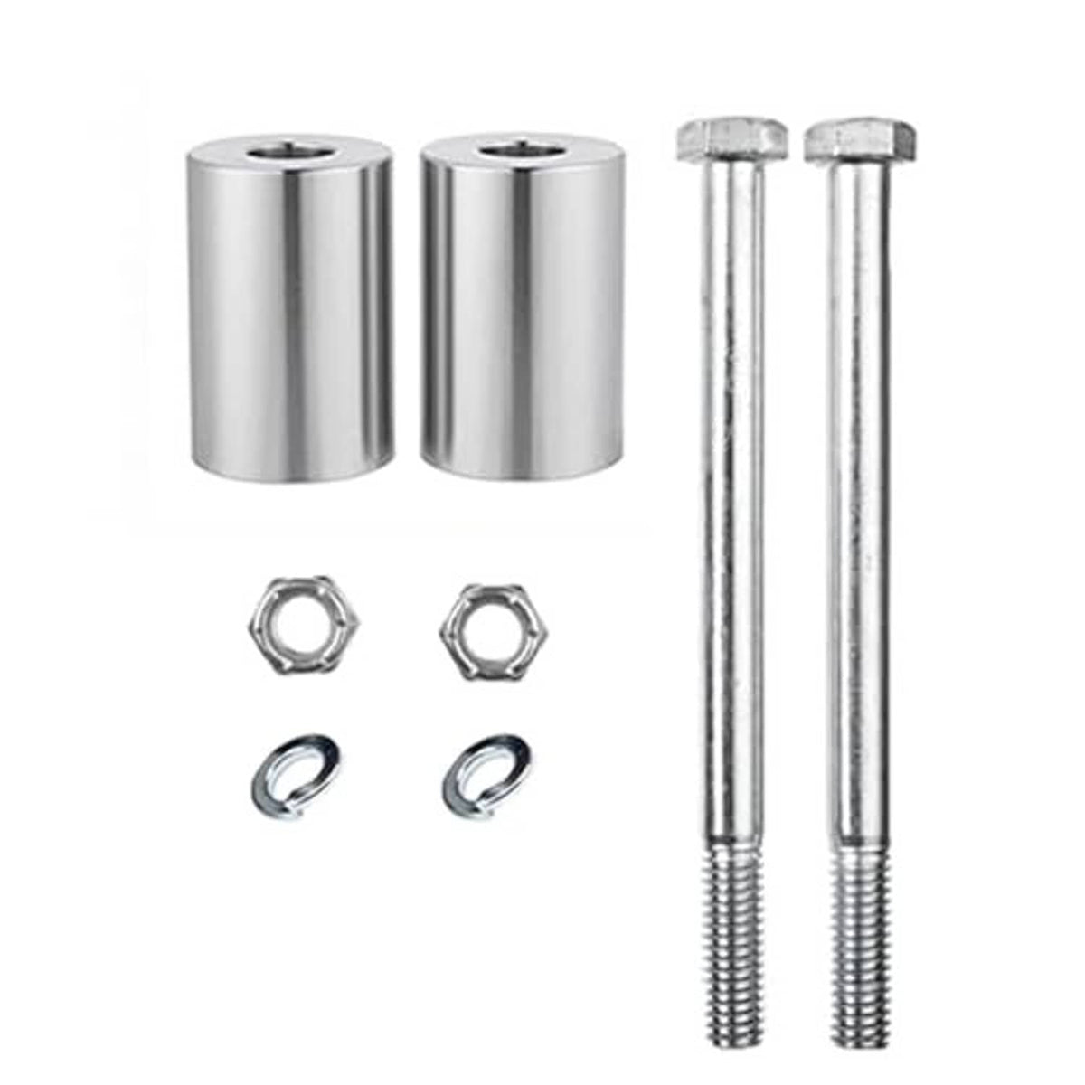 Two chrome riser spacer cylinders with long threaded bolts and hex nuts