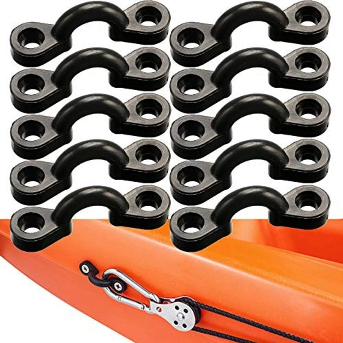 Black kayak deck pad eyes mounted on an orange deck, with stainless screws
