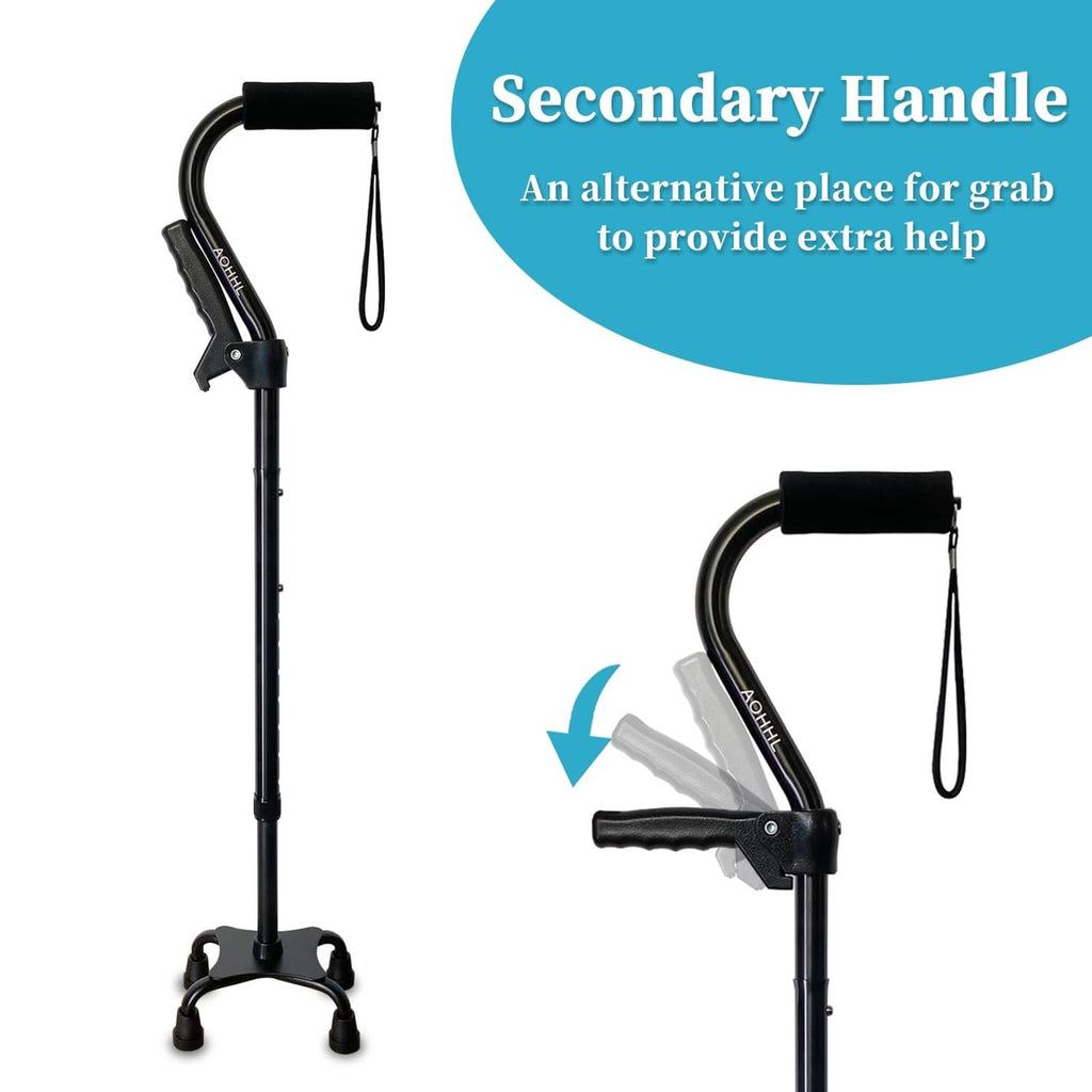 Black foldable quad cane showing secondary grab handle and wrist strap
