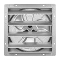 Wall-mounted exhaust fan with silver steel louvered housing and visible grille