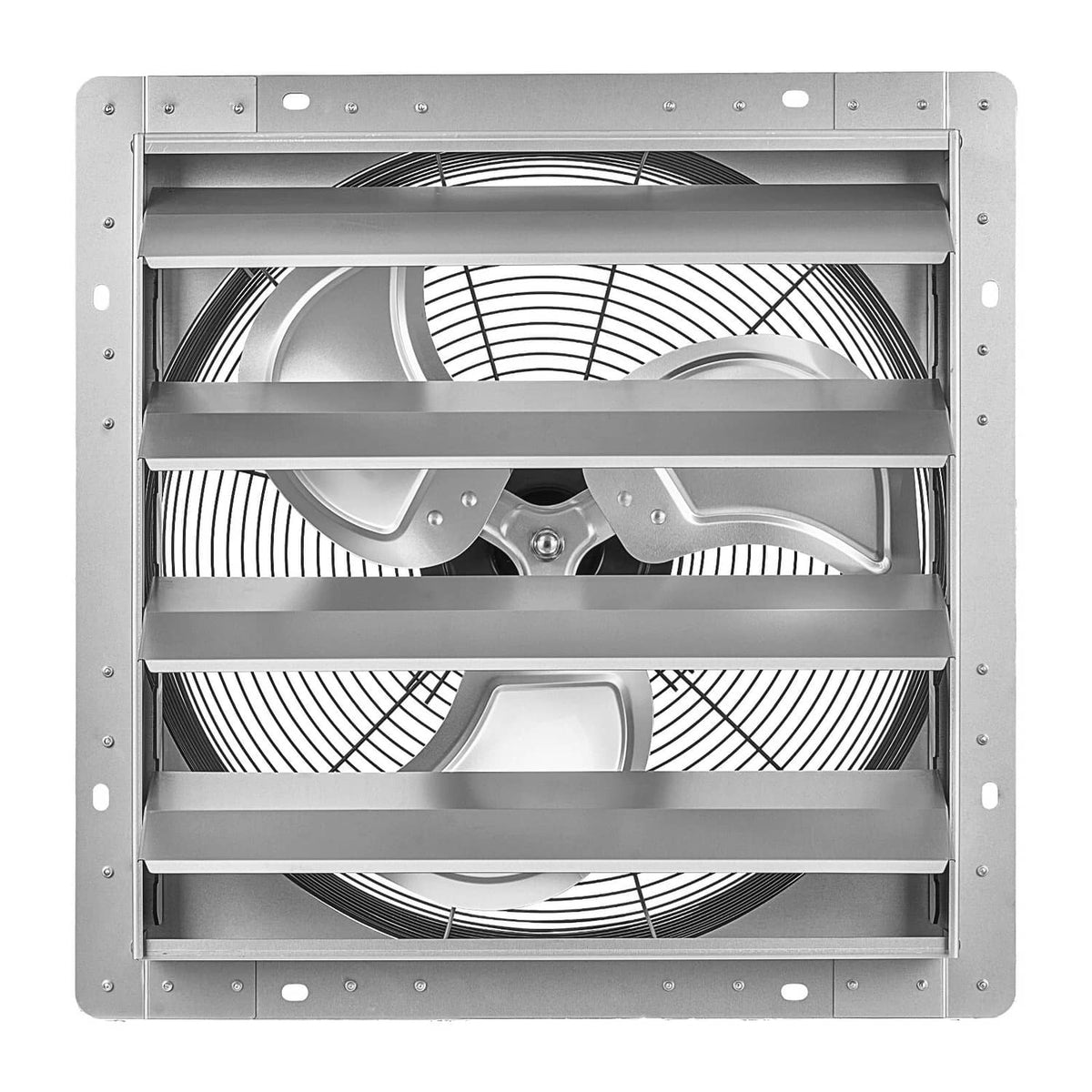 Wall-mounted exhaust fan with silver steel louvered housing and visible grille