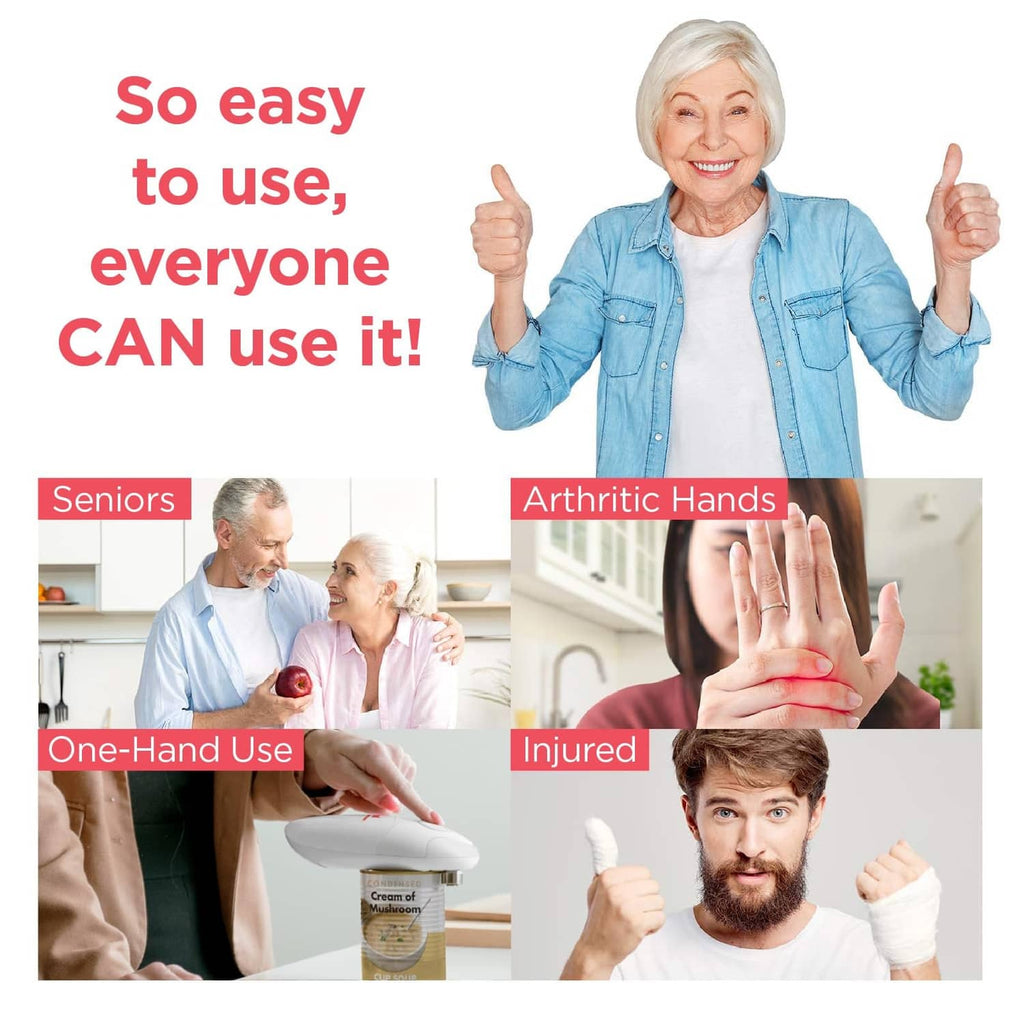 Kitchen Mama auto electric can opener, white body shown being used by a hand