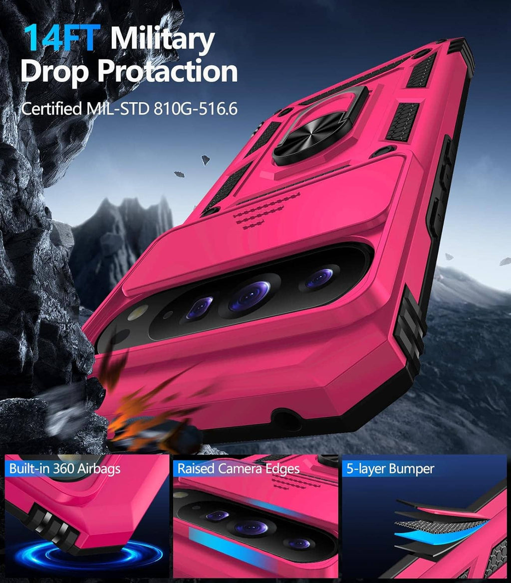 Rugged pink Pixel case with thick bumper corners, multi-camera cutouts, drop protection