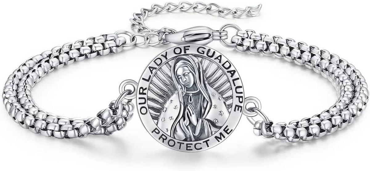 Silver-tone chain bracelet with circular Our Lady of Guadalupe medallion charm