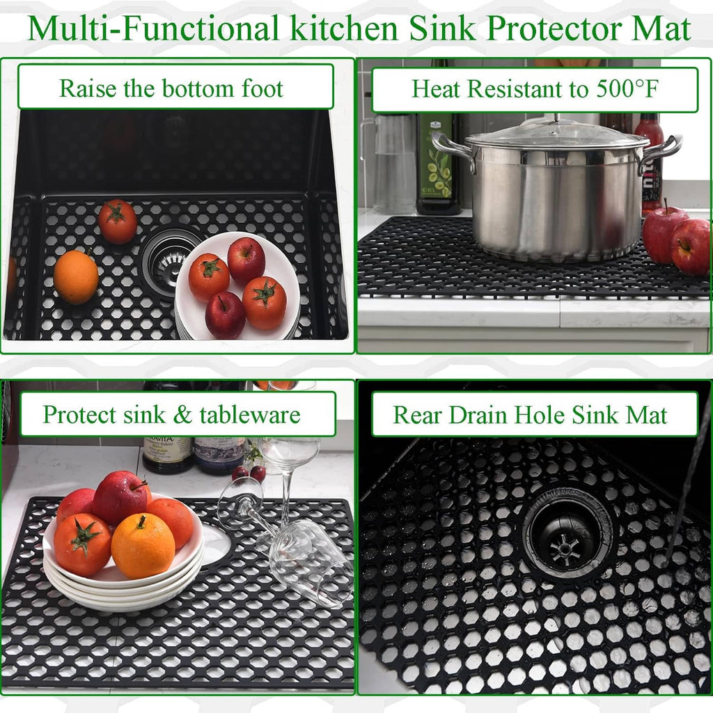 Black perforated sink protector mat with hexagonal holes and drain cutout