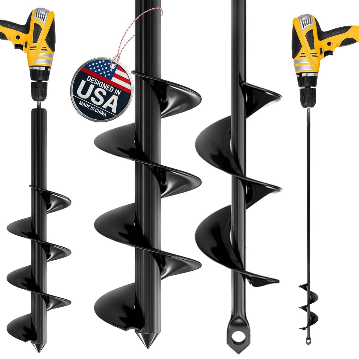 Black auger drill bit set with two spiral earth drills and a hex shank on display