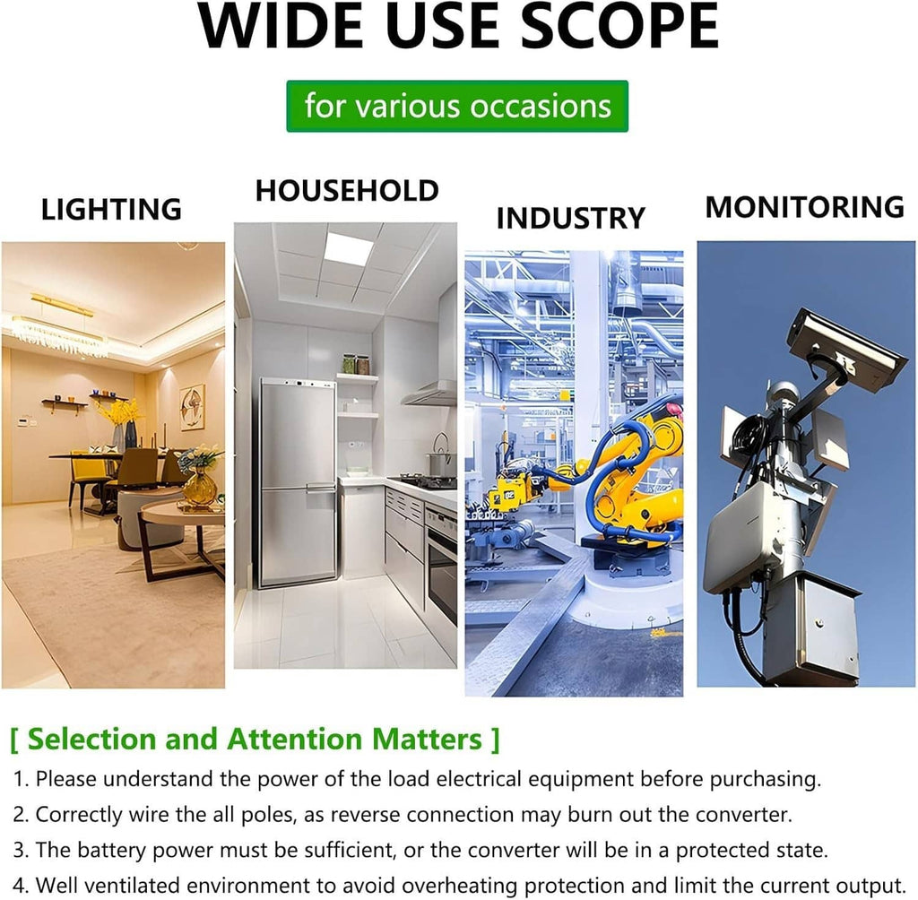 DC step-down converter shown with wide-use scope icons for lighting, household, industry