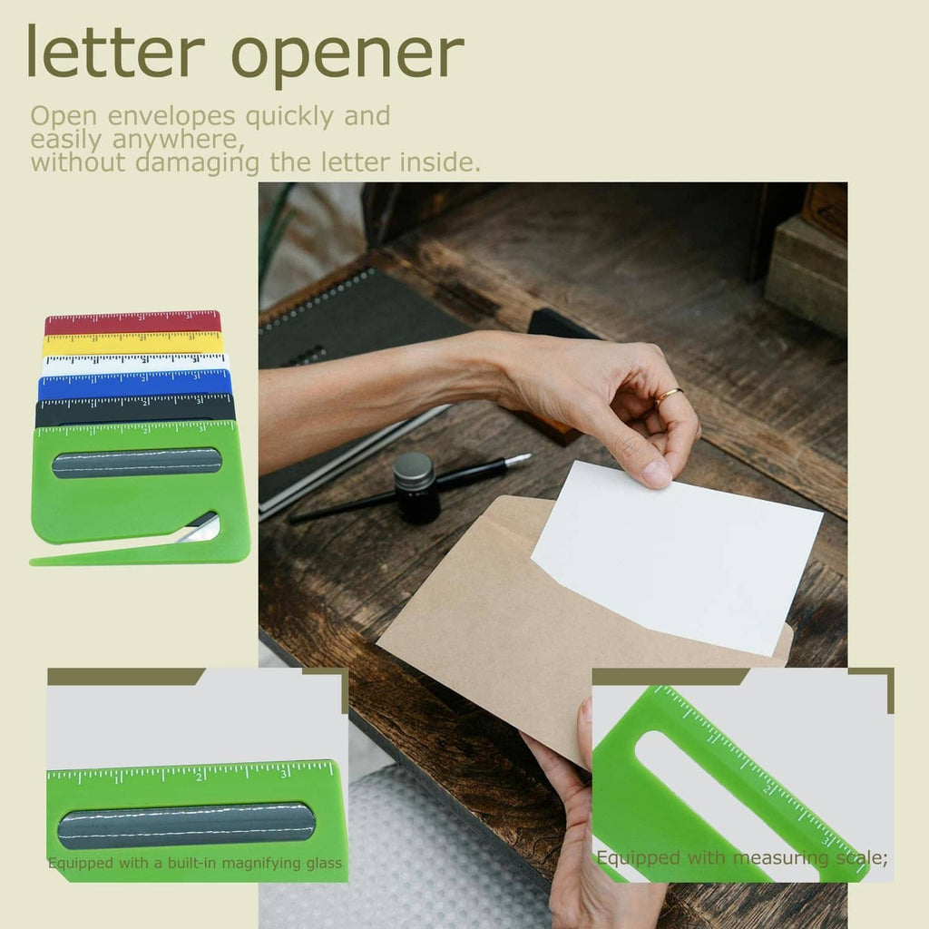 Letter opener set with concealed blades in green and blue, with envelope