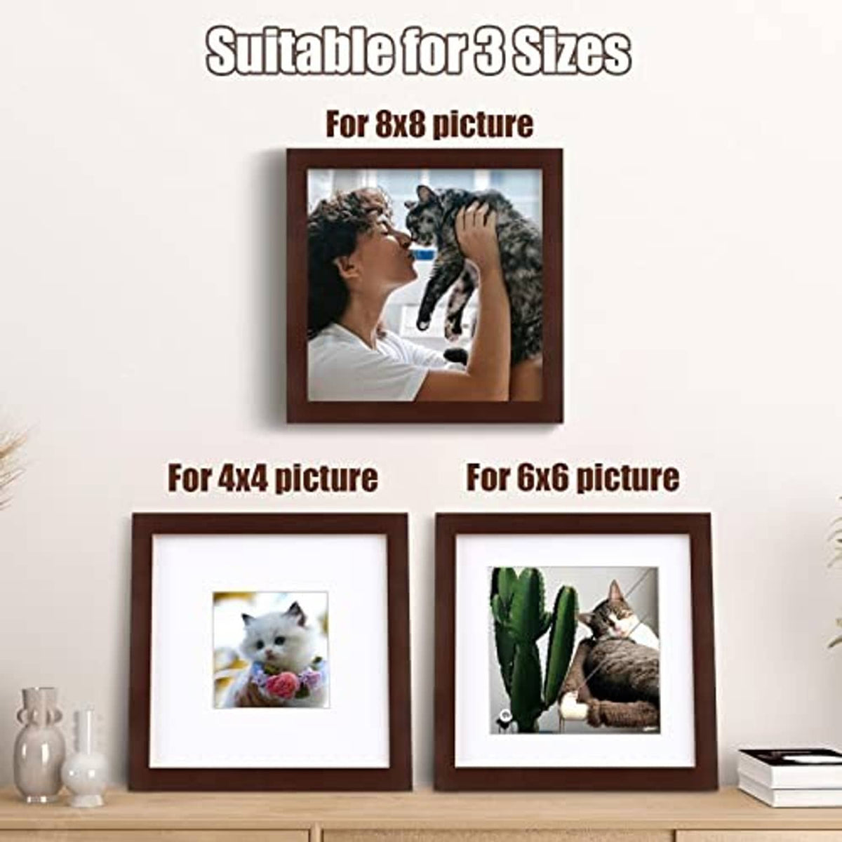 Walnut wood picture frames in 8x8, 4x4, and 6x6 sizes with white mats