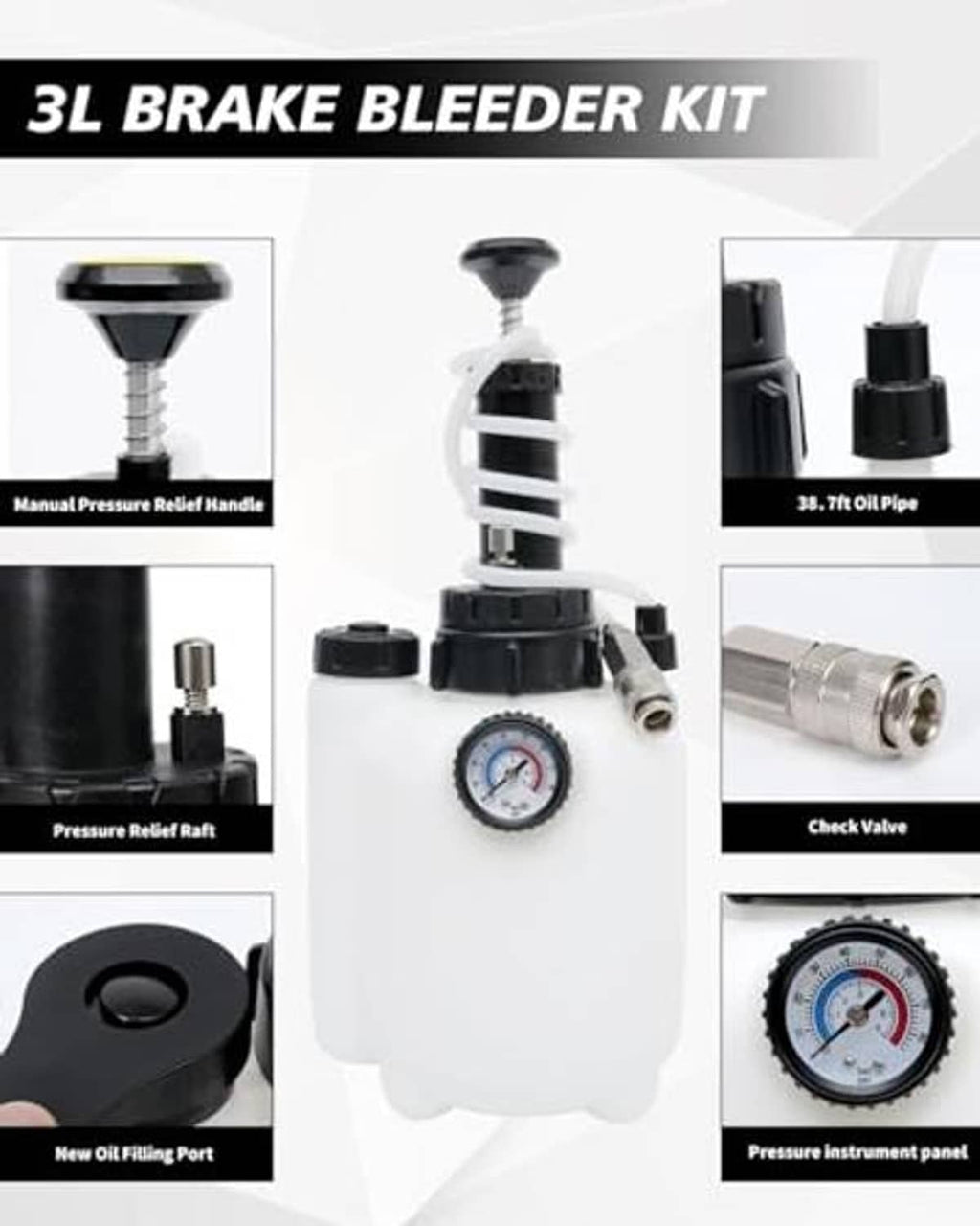 3L brake bleeder kit components with pressure gauge, fittings, and check valve