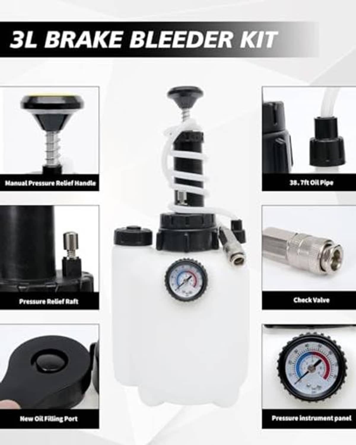 3L brake bleeder kit components with pressure gauge, fittings, and check valve