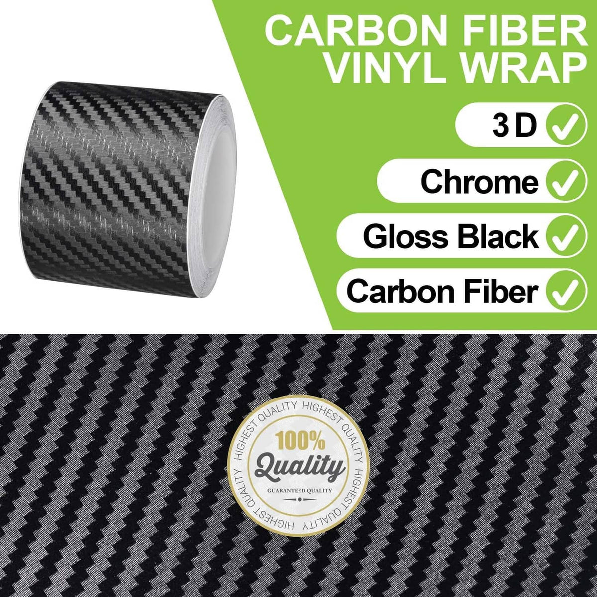 Carbon fiber vinyl wrap tape roll with glossy black diagonal carbon-fiber weave texture