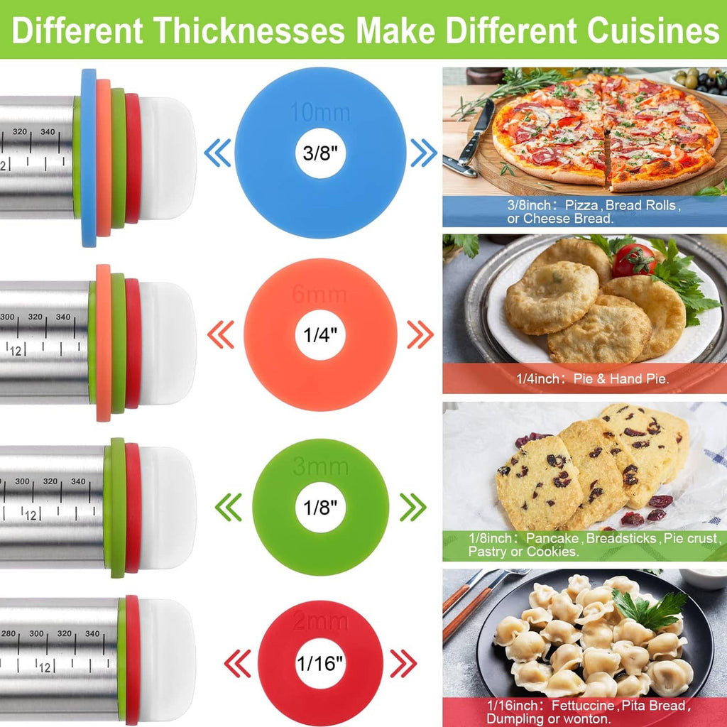 Rolling pin thickness rings in multiple sizes with matching scale markers