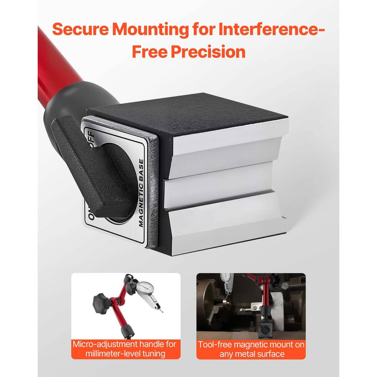 Magnetic base dial test indicator securely mounted on a metal block with red arm
