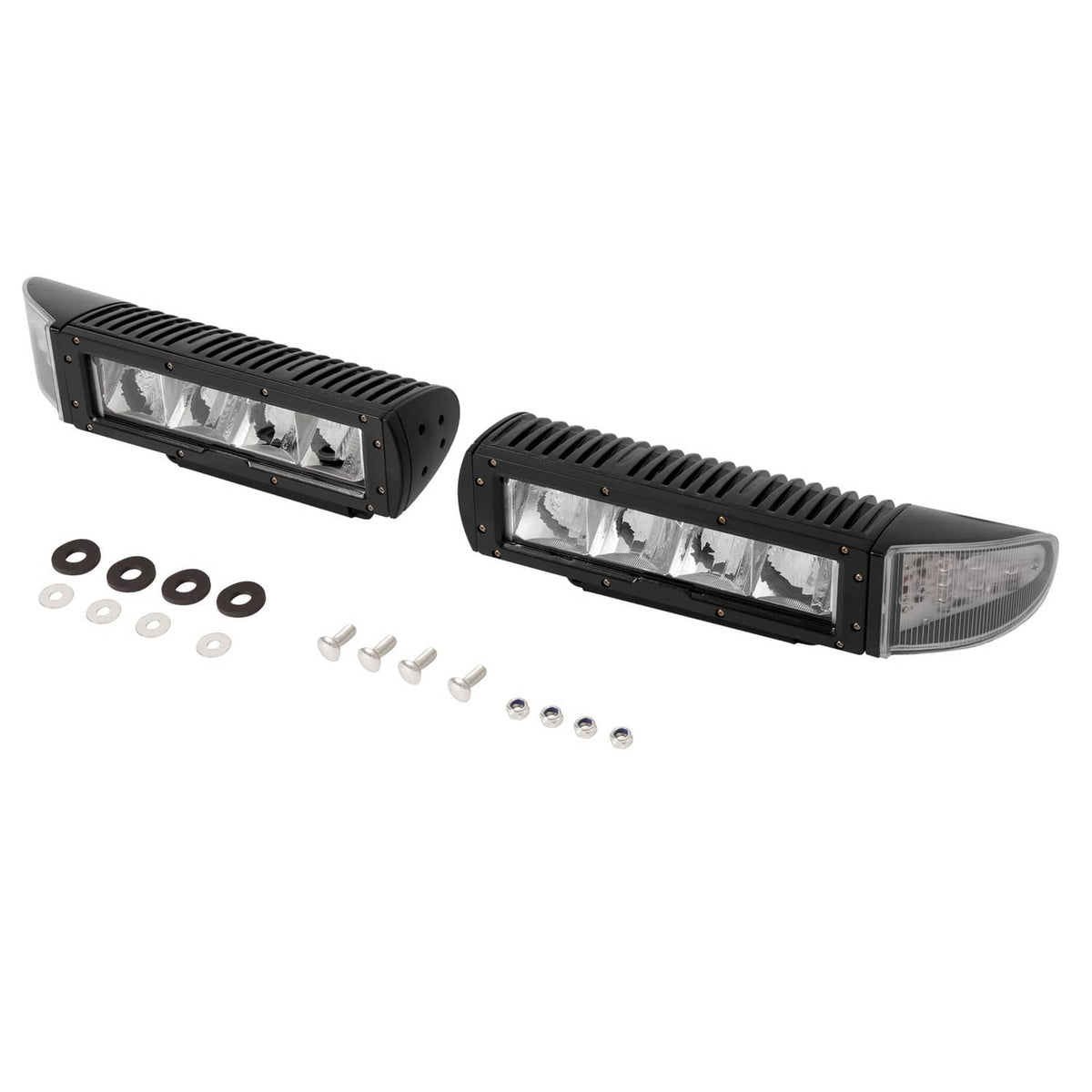 Pair of heated LED plow lights with black housing, clear lens, and mounting hardware