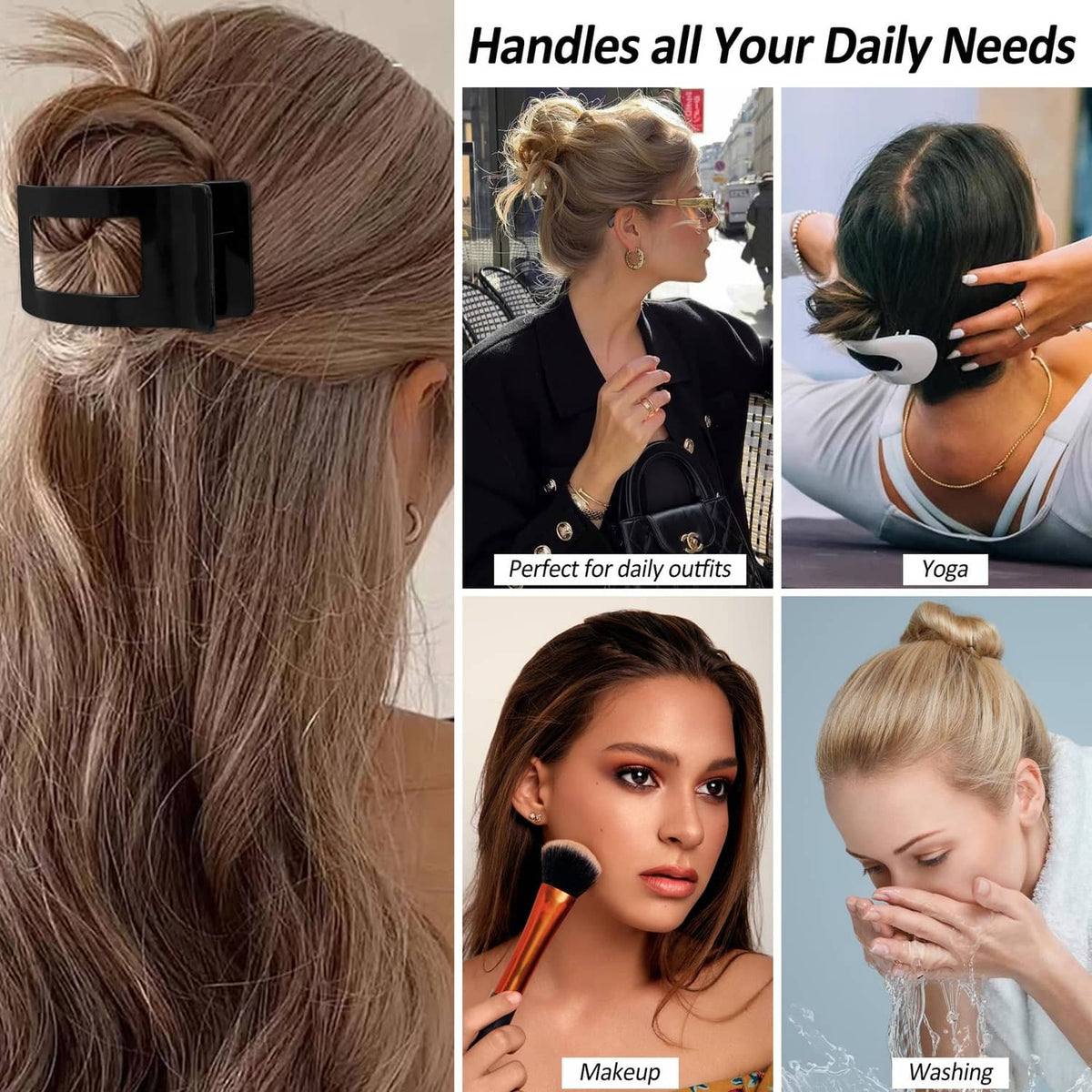 Bright black flat rectangular hair clip with comb teeth, styled for daily use