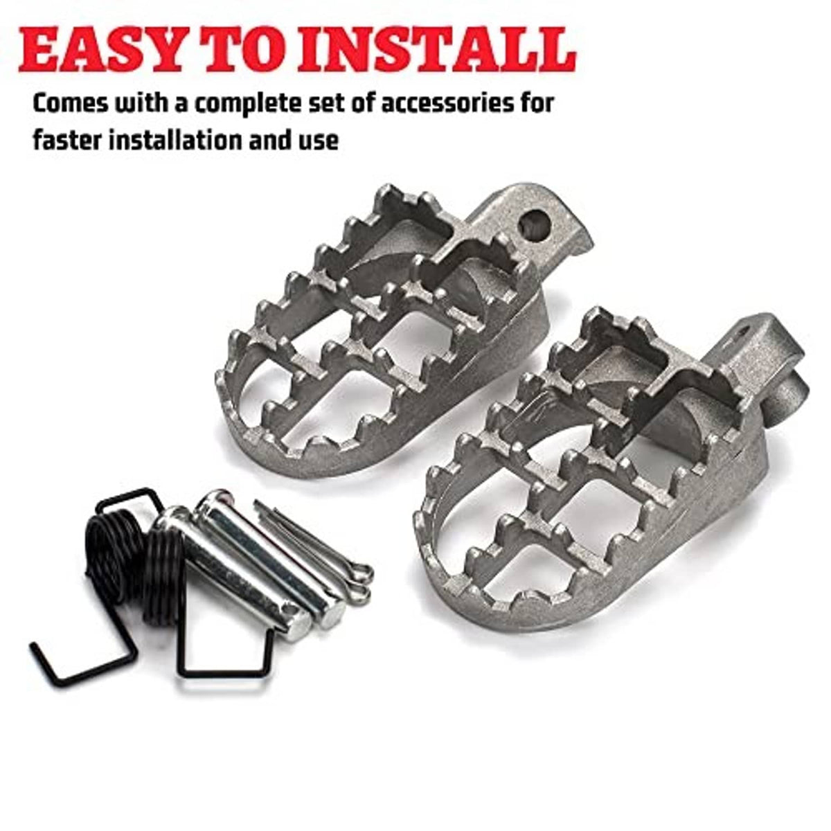 Dirt bike footpegs and installation kit, silver aluminum brackets with springs and pins